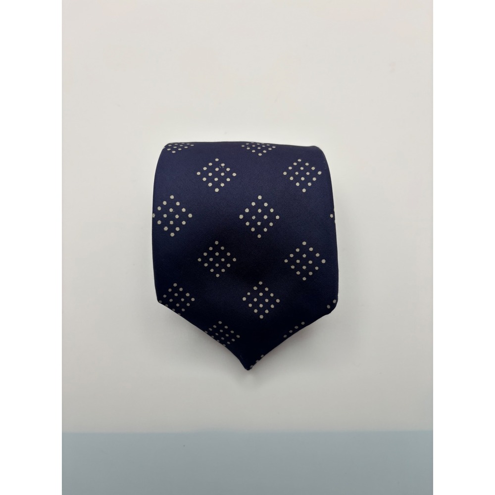 Navy Blue Silk Necktie Tan Dotted Geometric Diamond Pattern Formal Mens Tie
